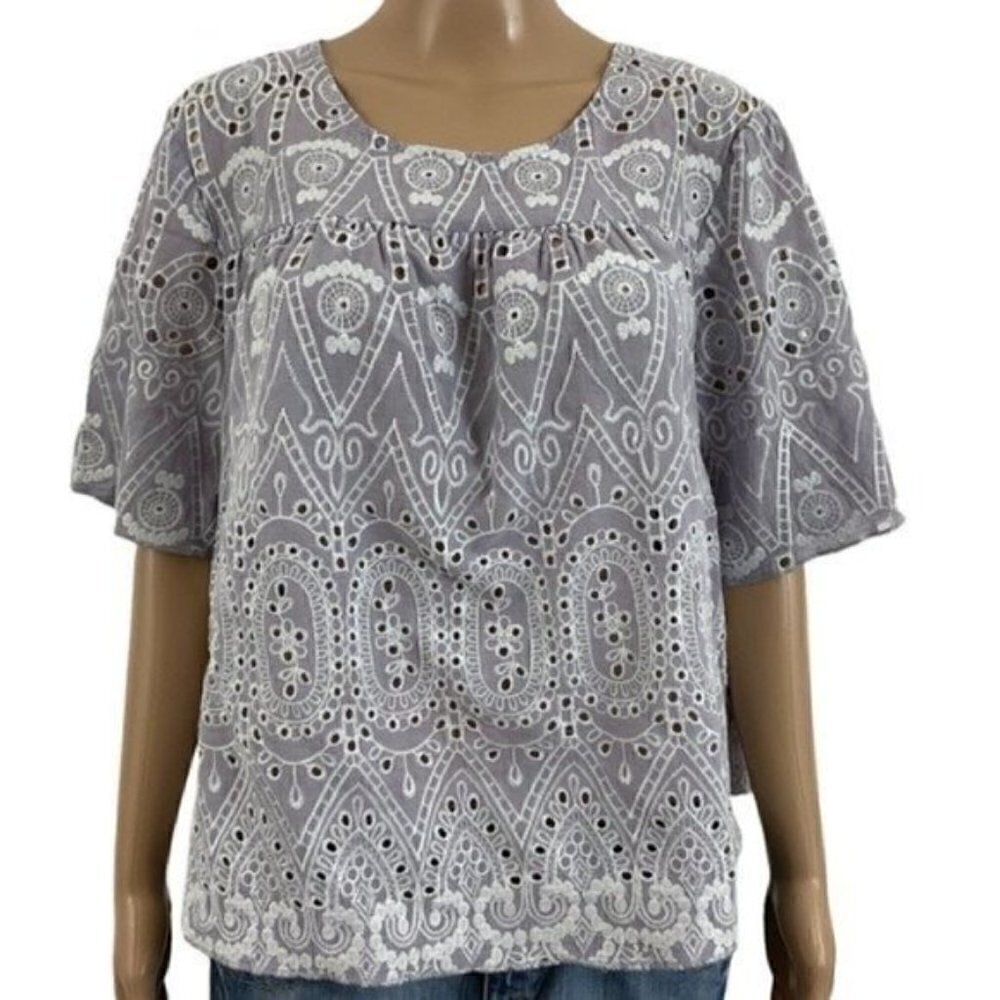 KAKTUS Embroidered boho lavender blouse side XL short sleeve keyhole button back